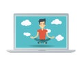 Young happy man in zen meditation pose on laptop screen