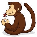 Calm monkey sitting and smelling a flower, Vector Illustration