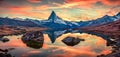 Calm morning view of Stellisee lake with Matterhorn / Cervino peak on background. Exotic autumn scene of Swiss Alps, Zermatt resor