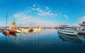 Calm morning at Yacht port Varna, Bulgaria. Sailboat harbor, many beautiful moored sail yachts in the sea