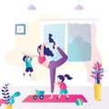 Calm mother doing exercises at home. Kids jump and play around busy mom. Female character trying to practice yoga with children