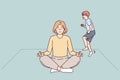 Calm mother meditate at home with naughty kid