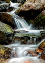 Calm mountain stream rapids over colrful rocks and stones