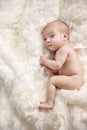Calm newborn child laying on the soft blanket