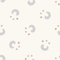 Calm newborn minimal moon seamless pattern. Gender neutral baby nursery decor background. Scandi style sketch wallpaper
