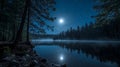 Calm Night Lake Under Full Moon with Starry Sky and Pine Royalty Free Stock Photo
