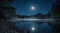 Calm Night Lake Under Full Moon with Starry Sky and Pine Royalty Free Stock Photo