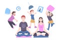 Calm Parents and Mischievous Children, Father and Mother Doing Yoga and Meditating among Running Naughty Kids Cartoon