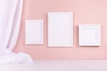 Calm pastel pink interior with set of white blank photo frames for text, design, poster, pictures hanging on pastel pink wall.