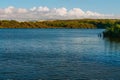 Calm peaceful lake. Oso Flaco Lake Natural area, California. Wetland natural landscape, marsh and lake with ducks Royalty Free Stock Photo