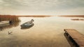 Calm peaceful water landscape with boat, wooden pier and coastal reeds in autumn twilight Royalty Free Stock Photo