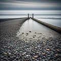A calm pebble beach seascape showing a river flowing into the sea, including groyne - generated by ai