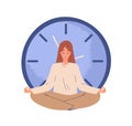 Calm person meditating near clocks and finding balance. Concept of break and stopping time. Patient peaceful woman
