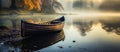 Calm Pond Scene Wooden Row Boat on a Foggy Morning Royalty Free Stock Photo