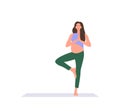 Calm pregnant woman cartoon character standing in tree yoga pose meditating for stress relief Royalty Free Stock Photo