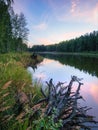 Calm quiet pink sunset on the lake. nature of Russia. Ural. Mirror water. Royalty Free Stock Photo