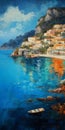 Calm Reflections: A Traditional Oil Painting Of A Beach Town In Cyprus