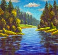 Calm river flowing gently through woodland landscape original painting