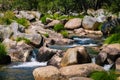 Calm river flows forming small waterfalls, Las Batuecas Natural Park, Salamanca, Spain Royalty Free Stock Photo