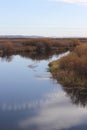 The calm river reflected the Yellow trees on the river bank and beautiful blue sky and white clouds Royalty Free Stock Photo