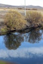 The calm river reflected the Yellow trees on the river bank and beautiful blue sky and white clouds Royalty Free Stock Photo