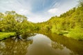 Calm river surrounded by fresh green trees n spring