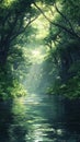 Calm river winding through a dense forest. Royalty Free Stock Photo