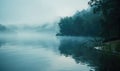 A calm riverside scene with fog rolling over the water in the early morning Royalty Free Stock Photo