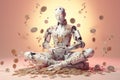 a calm robot manager meditating woth money created with Generative AI technology