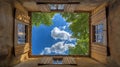 A calm rural landscape with a charming old window frame and a cloudy sky. Royalty Free Stock Photo