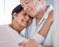 Calm senior couple hug with love, care and romance in home. Man, woman and face of retirement people relax with embrace Royalty Free Stock Photo