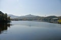 Calm and serene beautiful large lake reservoir with Mountain in Seoul, South Korea