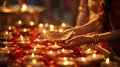 Calm Diwali: serene woman in prayer at traditional Hindu temple