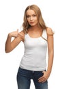 Calm and serious woman in blank white t-shirt