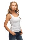 Calm and serious woman in blank white t-shirt