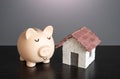 Calm sleepy pig piggy bank with a house. Collect money to buy a house. Deposits and real estate investments