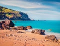 Calm spring view of Avali Beach. Adorable morning seascape of Ionian sea