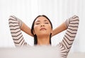 Calm, stretching and asian woman relax in office with peace in morning with project and future dream. Japanese Royalty Free Stock Photo