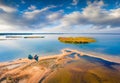 Calm summer view from flying drone of Svityaz Lake. Royalty Free Stock Photo