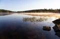 Calm sunrise morning at Swan Lake in Maine with fog on the surface on a late spring day Royalty Free Stock Photo