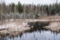 Calm surface of the forest lake against the background of the forest after the first autumn snowfall, panorama Royalty Free Stock Photo