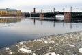 St. Petersburg, Russia, February 2020. Neva River, Palace Bridge and the Spit of Vasilyevsky Island.