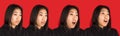 Development of emotions of young Asian girl isolated on red background. Royalty Free Stock Photo