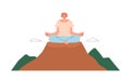 Calm tranquil woman yogi character meditating in lotus pose and breathing on top of mountain