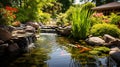 A calm and tranquil zen pond with koi fish swimming Royalty Free Stock Photo