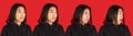 Development of emotions of young Asian girl isolated on red background. Royalty Free Stock Photo