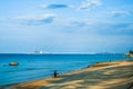 Calm view of seaside and blue sea water at Bari Beach, Setiu, Terengganu, Malaysia.