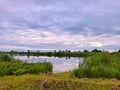 Calm water on lake. Storm Rainy weather. Summer overcast sky. Dramatic landscape, cloudy day Royalty Free Stock Photo