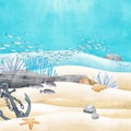 Calm watercolor sandy ocean bottom with the stones, anchor, coral reef plants and creatures