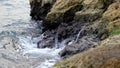 Calm waves hiting rocks on a gloomy day